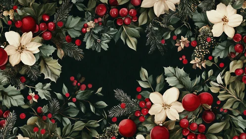 Festive foliage border with white flowers and red berries.