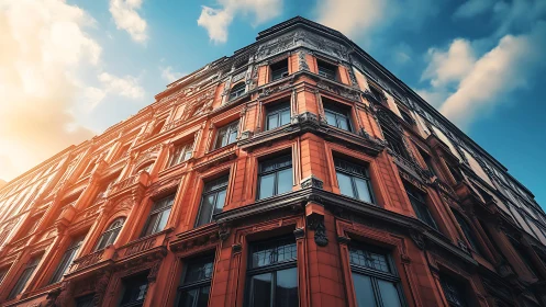 Photorealistic corner façade study in warm urban sunlight.