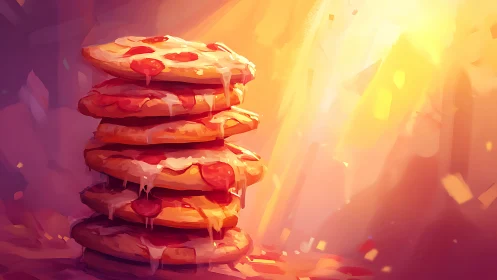 Sunlit stack of melty pepperoni pizzas in soft pastels.