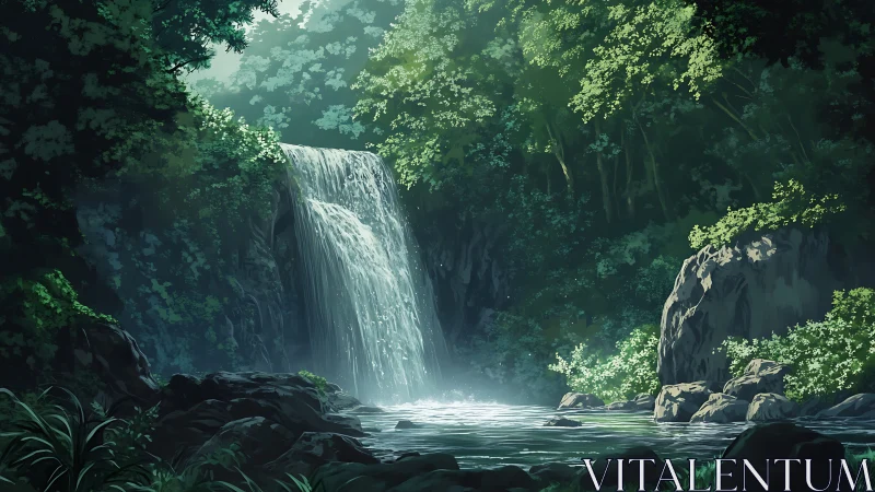 Cascading waterfall through dense forest with luminous water and verdant canopy