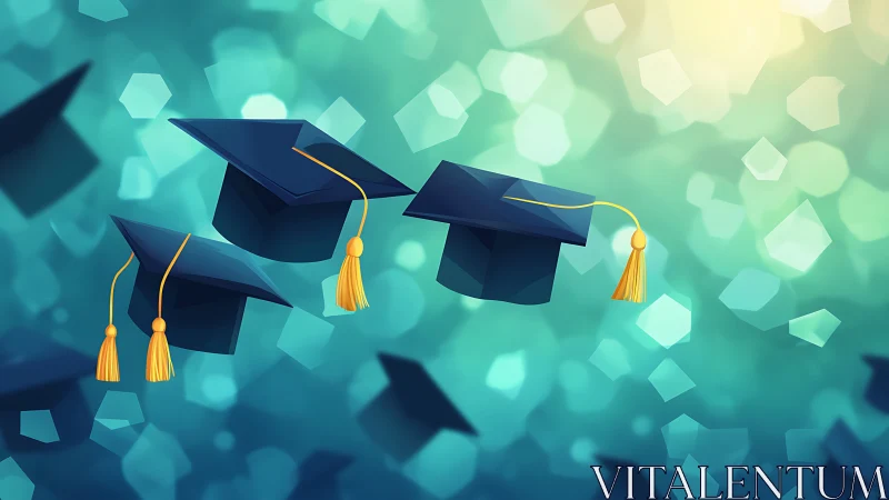 Graduation caps soar against glowing teal bokeh sky.