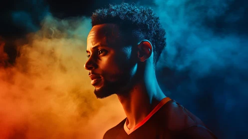 Profile portrait in dual-color atmospheric studio lighting.