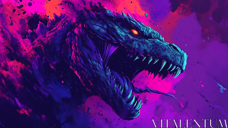 Vibrant neon dragon roars through a storm of cosmic color.