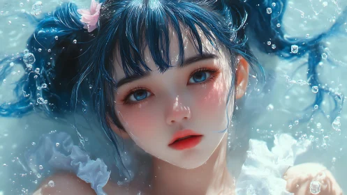 Blue haired girl floating in luminous water with bubbles