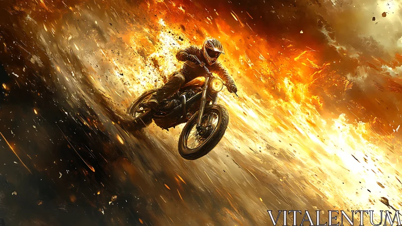 Blazing motorbike hero rides through a storm of molten light