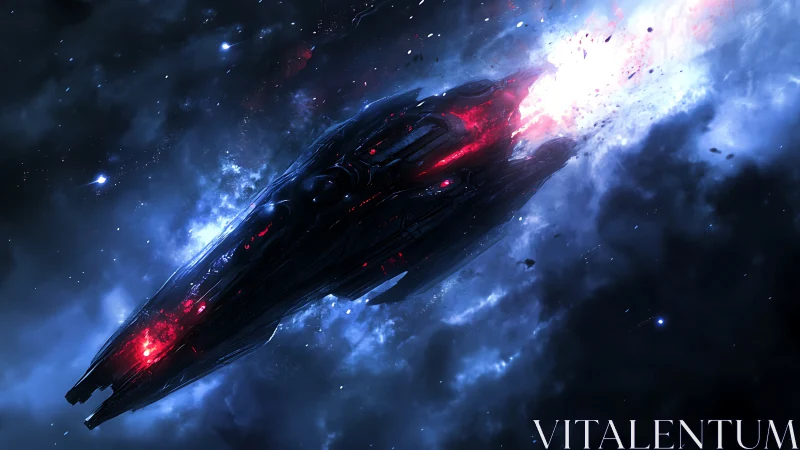 Sleek warship erupts through nebula in blazing red light