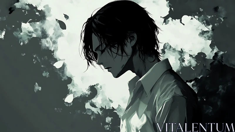 Solitary profile amid dissolving monochrome clouds.