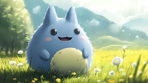 Blue forest creature hugs yellow egg in sunny meadow.