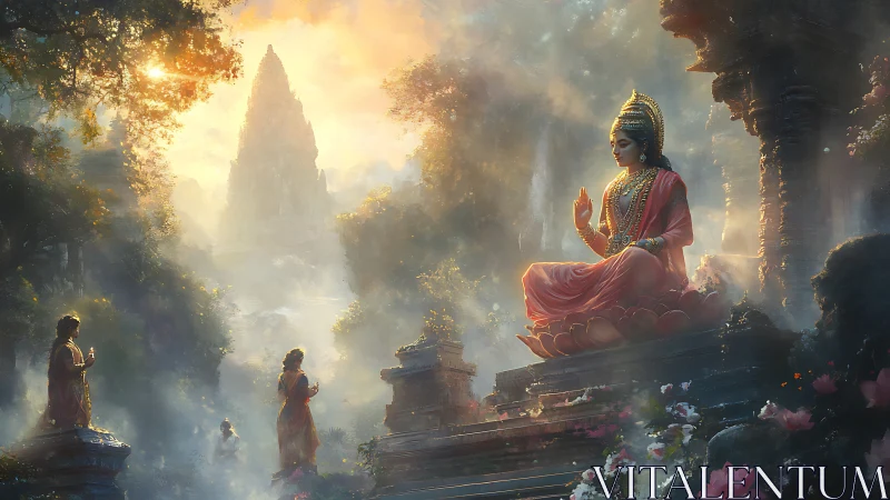 Golden dawn over serene temple goddess and misty pilgrims.