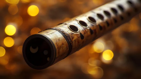 Macro view of worn wooden flute barrel with shallow depth of field