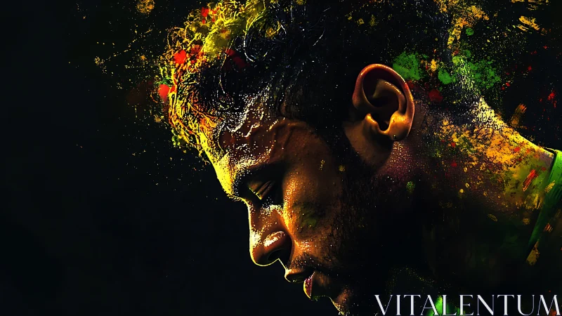 Digital painting portrait with explosive chromatic splatter effects.
