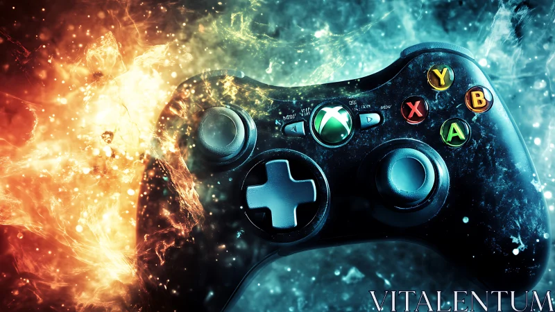 Xbox style game controller in intense fire and ice clash.