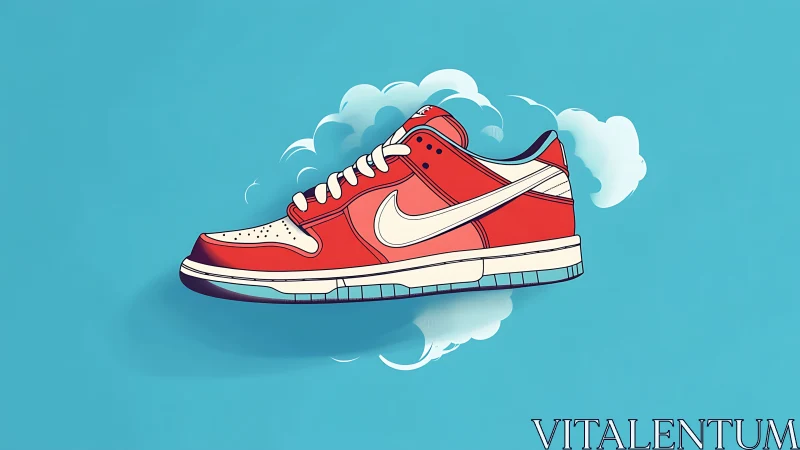 Red low-top sneaker floats over blue sky backdrop