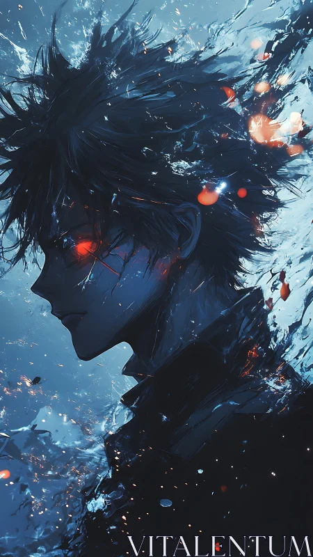 Cyan-lit anime profile with red energy embers and liquid shards