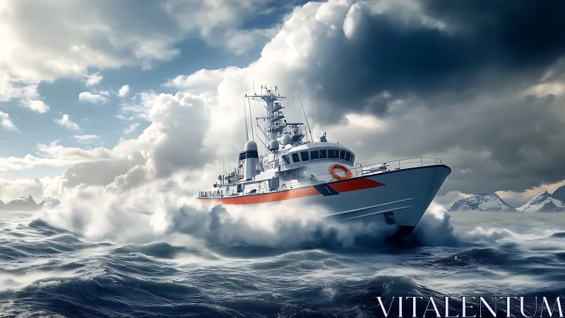 Coast guard patrol vessel in rough polar sea conditions.