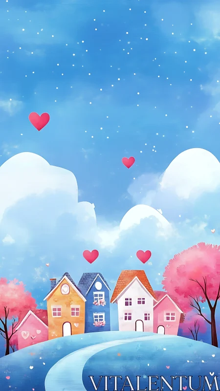 Sky of sugar hearts over pastel hilltop cottages.