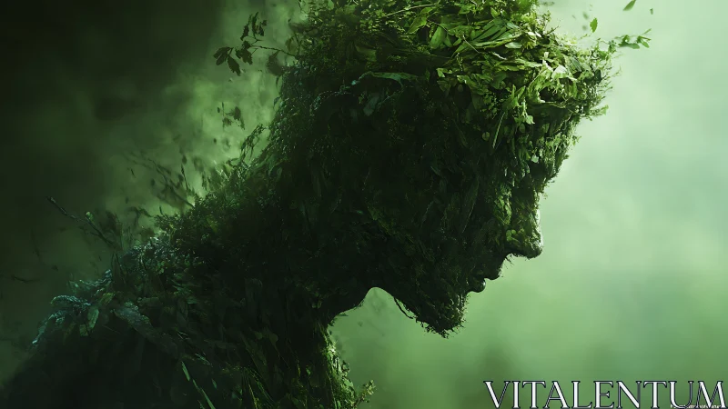 Silhouette of vegetative human figure in green misty space.