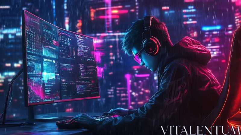 Hooded programmer works at neon-lit computer in rain