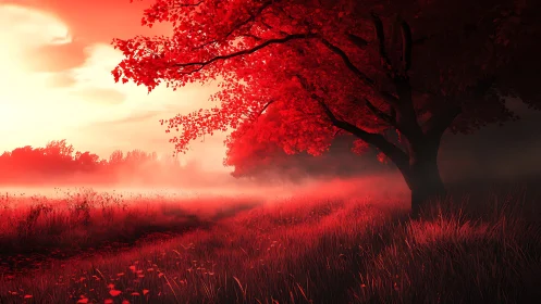 Infrared red meadow sunrise with solitary deciduous tree silhouette