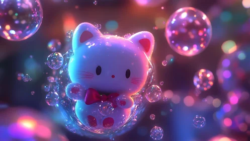 Cute Cartoon Cat Surrounded by Colorful Bubbles, Dreamy Lighting.