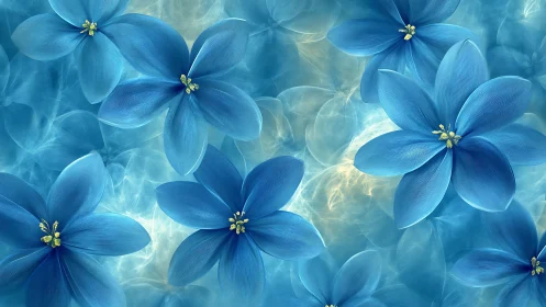 Blue Flowers with Yellow Centers Against Luminous Background.