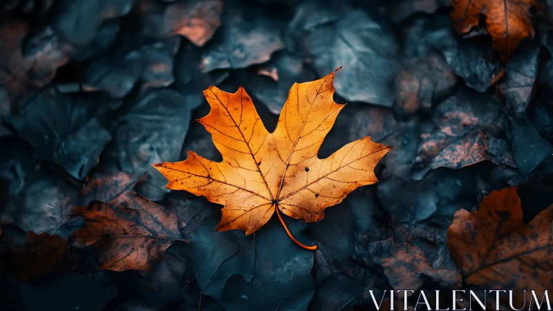 Single orange maple leaf on dark autumn foliage background.
