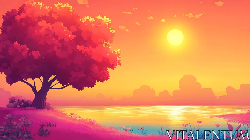 Radiant lakeside tree glows warmly under a dreamy sunset sky