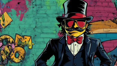 Stylized suited figure with top hat stands before graffiti wall