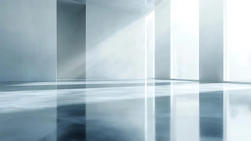 Serene Minimalist Space Flooded with Ethereal Light and Reflections