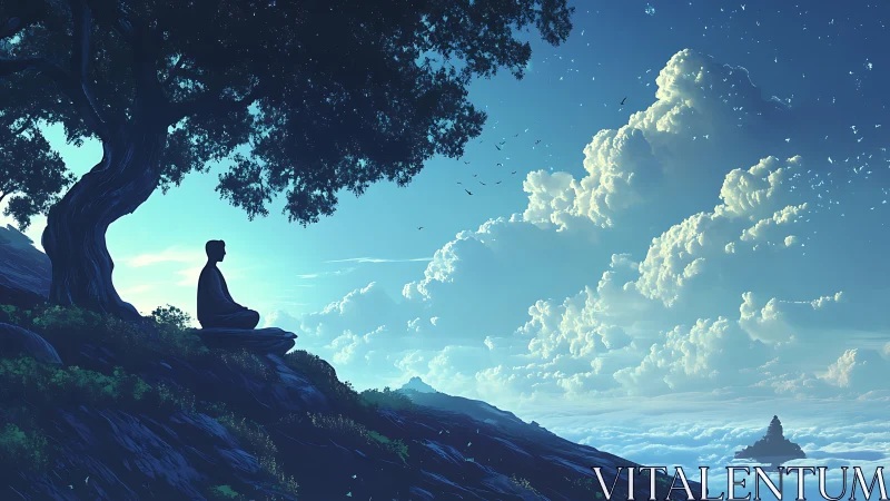 Silhouetted figure meditating on cliff above cloudscape.