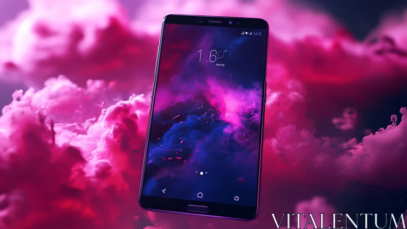 Smartphone floats against vivid pink and purple clouds