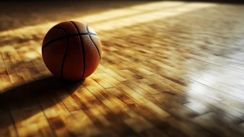 Textured basketball on varnished maple court under directional light