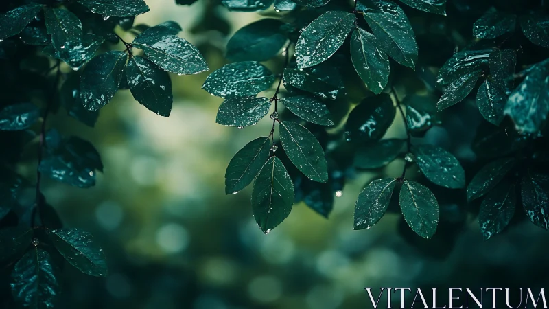 Green foliage with raindrops in shallow depth of field.