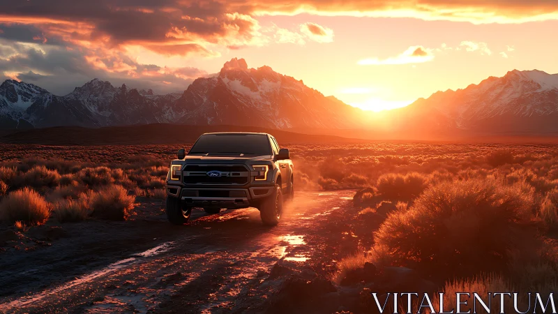 Pickup truck on rugged dirt road at vivid mountain sunset.