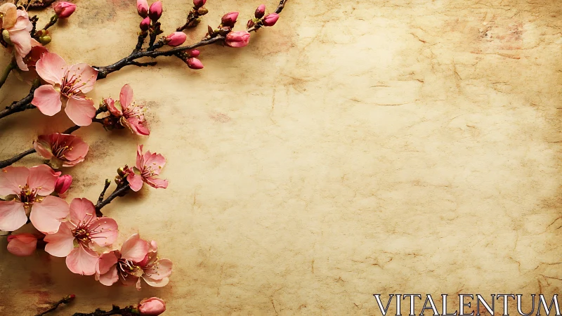 Pink Cherry Blossoms with Dark Branches on Aged Textured Background.