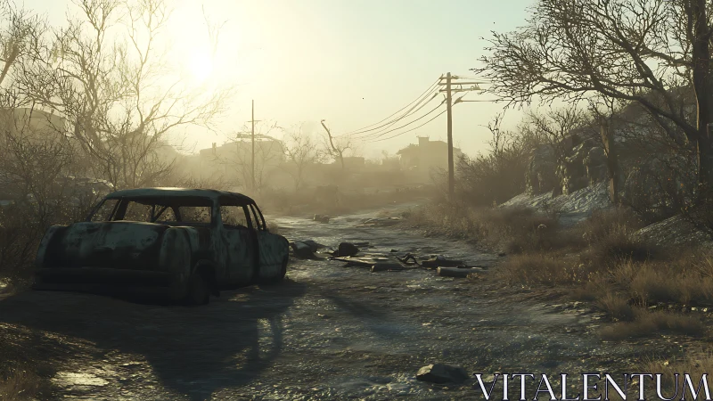 Sunlit wasteland road with rusted car and ghostly skyline.