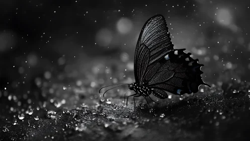 Midnight butterfly resting gently in a quiet silver rain.