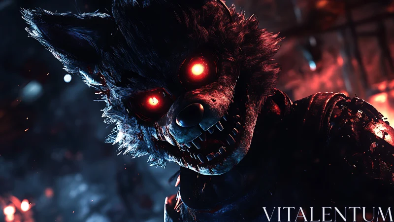 Demonic cyberwolf animatronic under blazing neon glare.