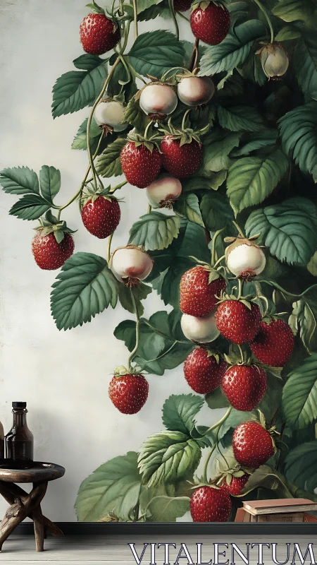 Strawberry mural cascades over minimalist rustic interior wall.