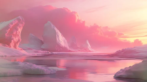 Sunlit pink icebergs reflect across tranquil polar water
