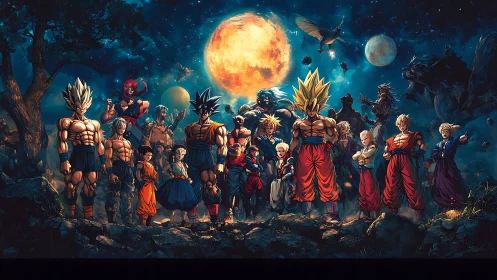 Celestial warriors assemble beneath luminous twin moons.