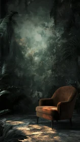 Velvet lounge chair in moody botanical interior with dappled light