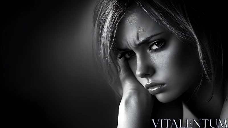 Monochrome closeup portrait of pensive woman in low key lighting