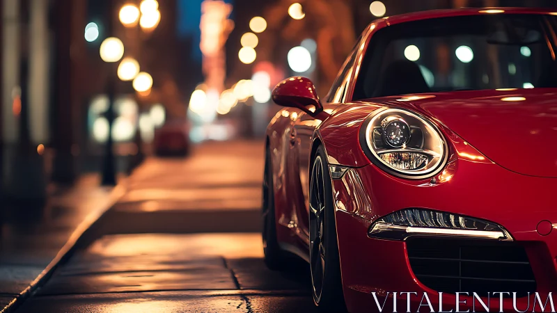 Red sports car parked on wet city street at night.