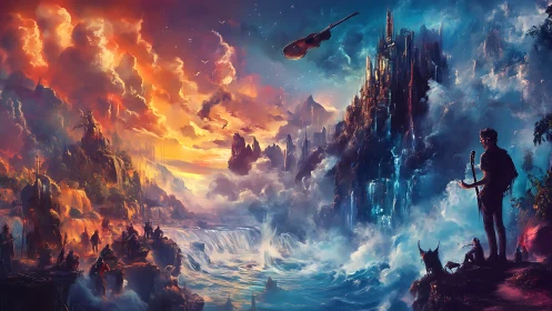 Guitarist gazes across warring fantasy realms of fire and mist.