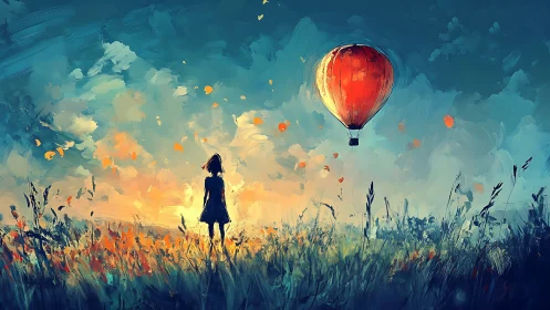 Girl watches a glowing hot air balloon drift through dusk sky