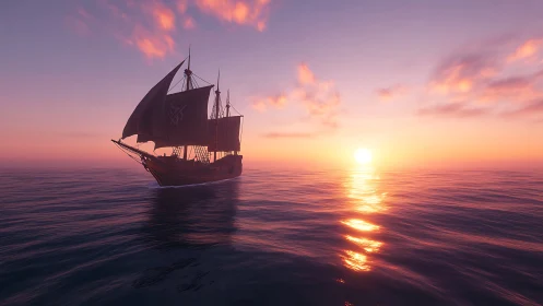 Sailing ship crosses tranquil ocean toward vivid sunset glow