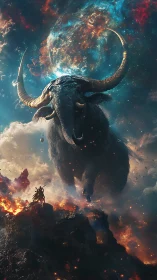 Colossal cosmic buffalo charging above volcanic summit.