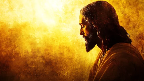 Side-profile portrait of robed man against bright golden field