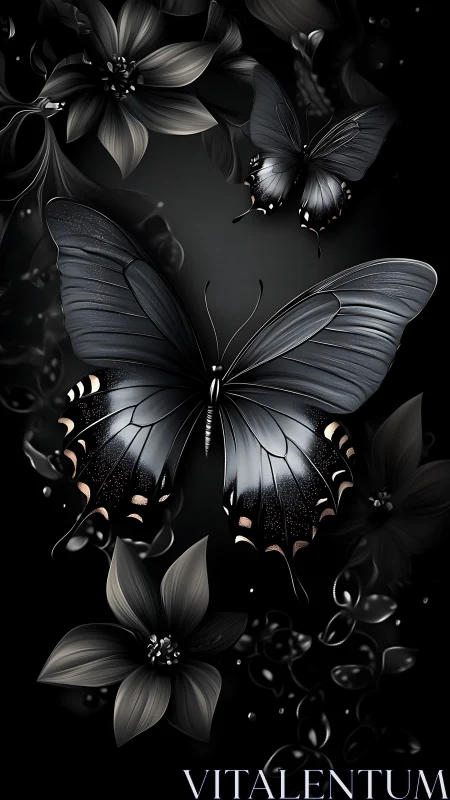 Black butterflies with monochrome flowers on dark background.